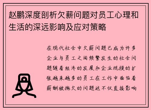 赵鹏深度剖析欠薪问题对员工心理和生活的深远影响及应对策略